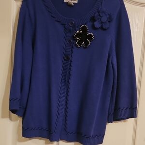 Royal Blue Women's Sweater with Floral Accents & Black Accent Stitch Size L